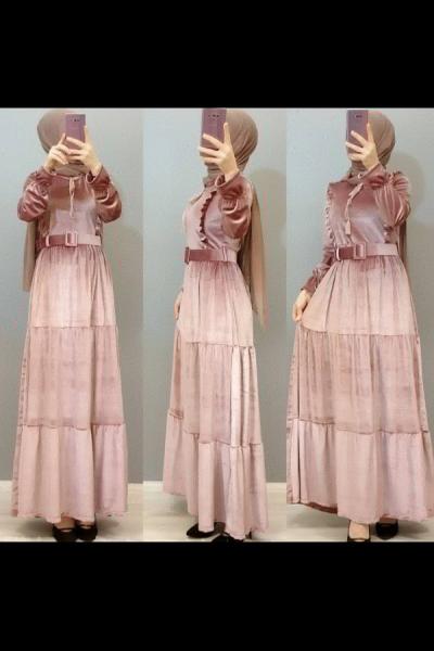 Fırfırlı Kadife Elbisem Pudra