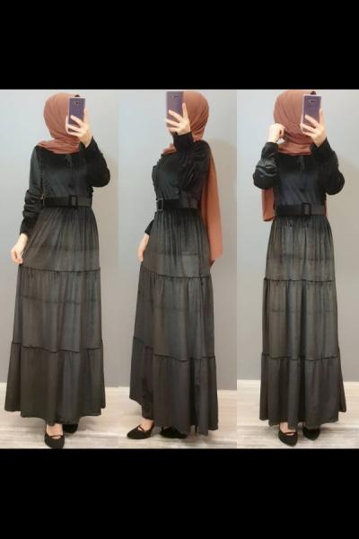 Fırfırlı Kadife Elbisem Siyah