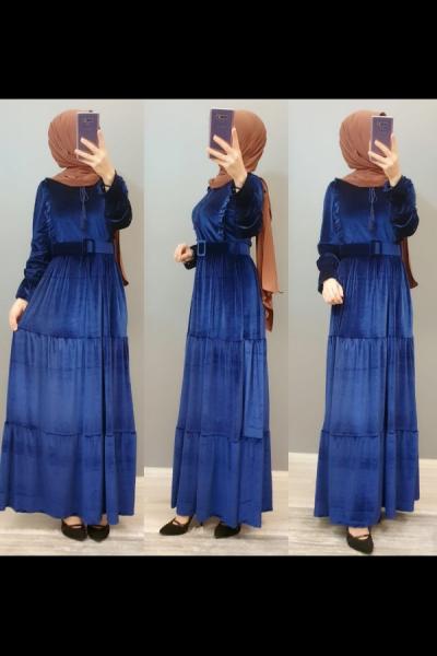 Fırfırlı Kadife Elbisem Lacivert