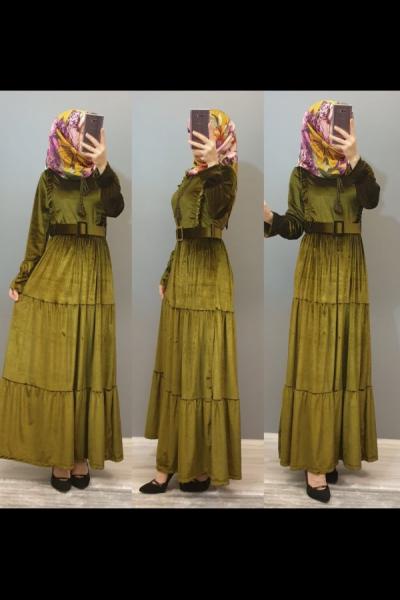 Fırfırlı Kadife Elbisem Haki