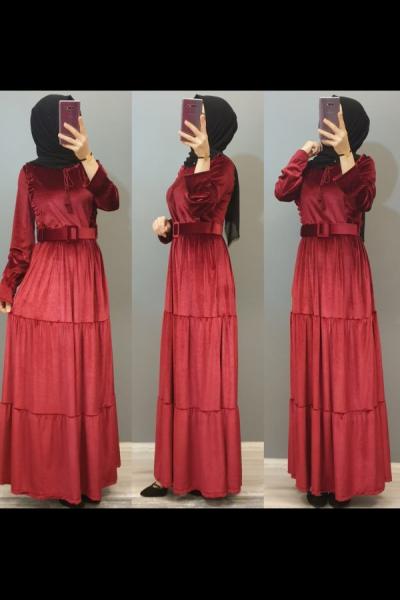 Fırfırlı Kadife Elbisem  Bordo