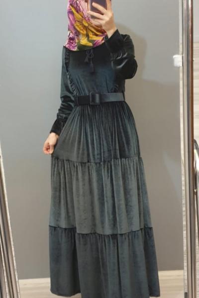 Fırfırlı Kadife Elbisem Antrasit