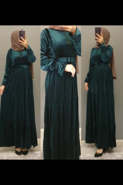 Fırfırlı Kadife Elbisem Zümrüt
