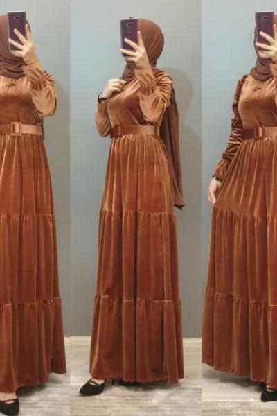 Fırfırlı Kadife Elbisem Kiremit