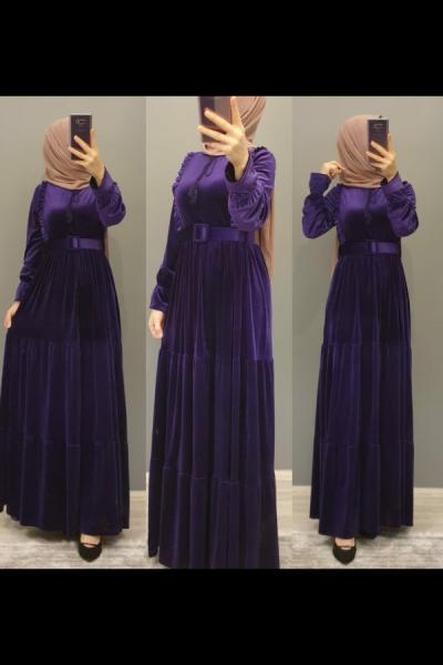Fırfırlı Kadife Elbisem Mor