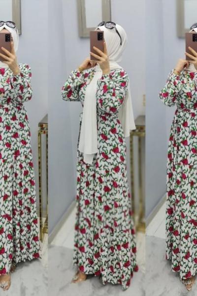 Hamilelerinde Rahat Kullanabileceği Çiçek Desen Elbisem Beyaz