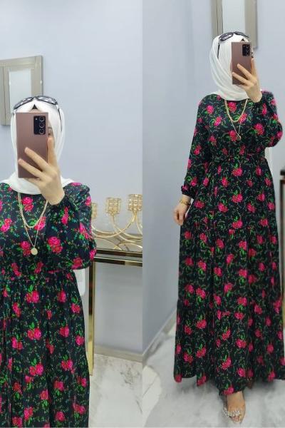 Hamilelerinde Rahat Kullanabileceği Çiçek Desen Elbisem Lacivert