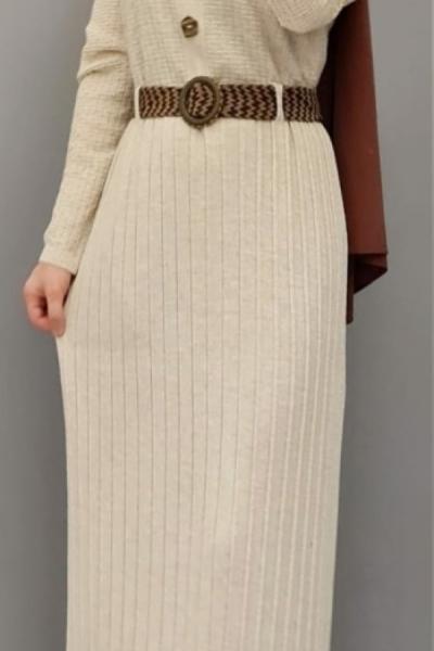 Hasır Kemerli Triko Elbisem Krem