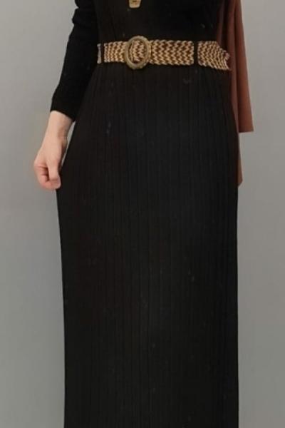 Hasır Kemerli Triko Elbisem Siyah