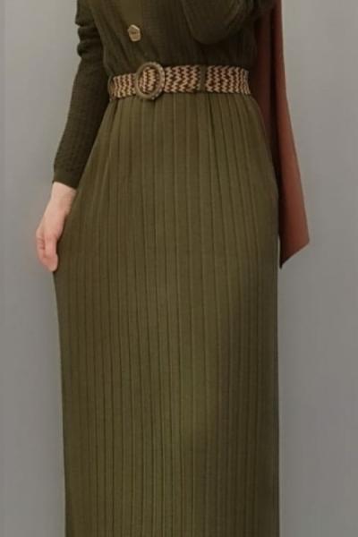 Hasır Kemerli Triko Elbisem Haki
