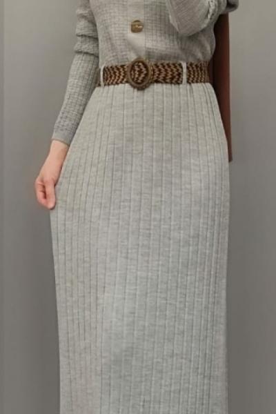 Hasır Kemerli Triko Elbisem Gri