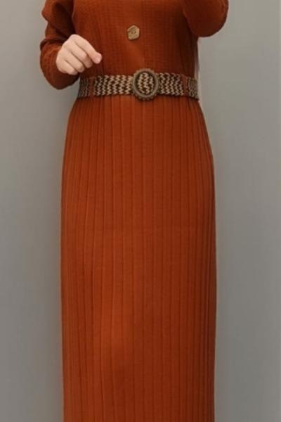 Hasır Kemerli Triko Elbisem Kiremit