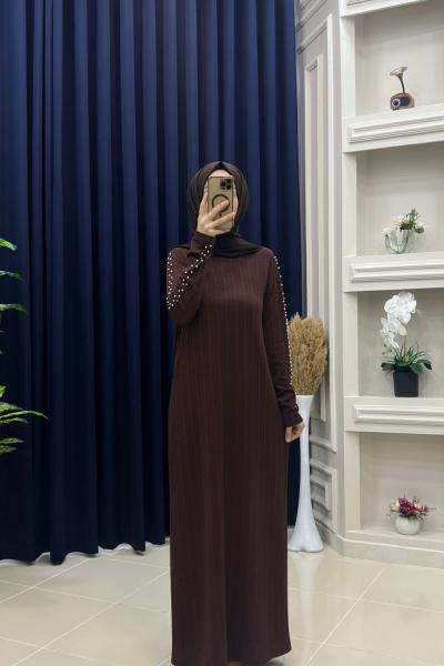 İncili Elbise Kahverengi