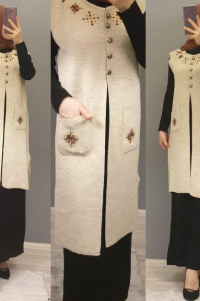 İşlemeli Yeleğim Taş Rengi