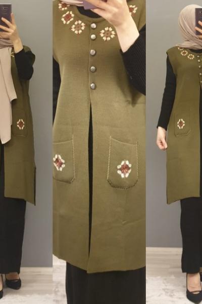 İşlemeli Yeleğim Haki