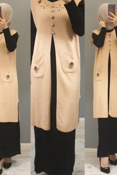 İşlemeli Yeleğim Pudra