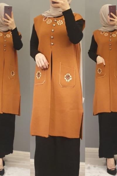 İşlemeli Yeleğim Taba