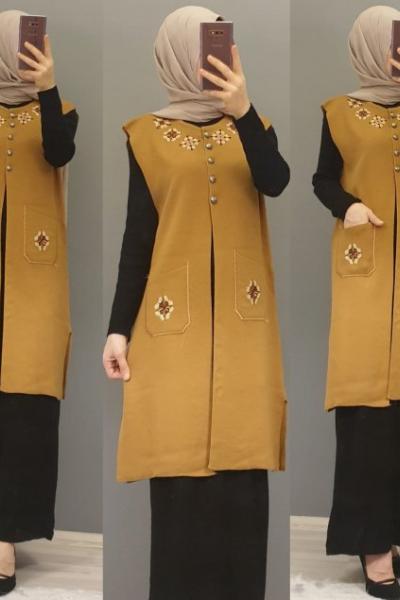 İşlemeli Yeleğim Hardal Sarısı