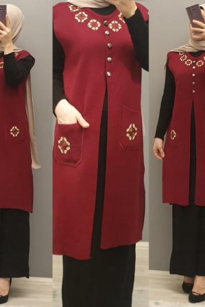 İşlemeli Yeleğim Bordo