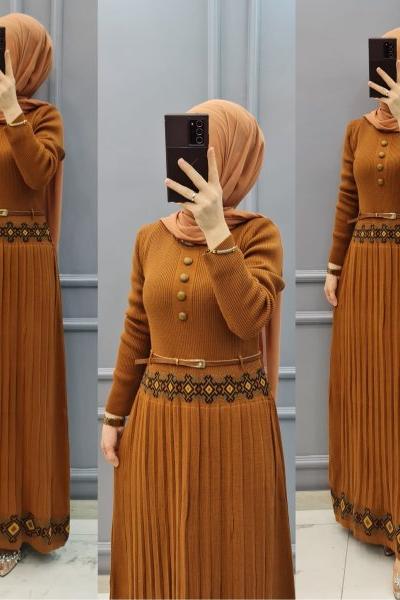 İşlemeli Triko Elbisem Taba