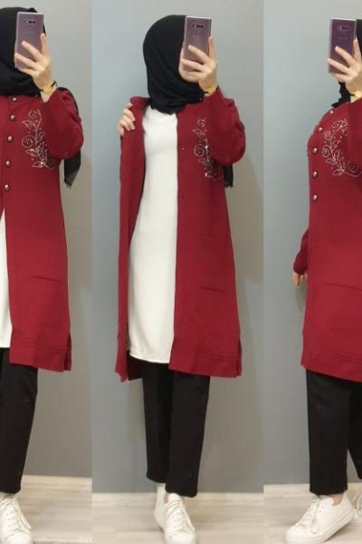 İşlemeli Model Hırkam  Bordo