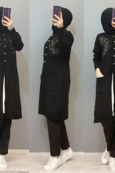 İşlemeli Model Hırkam  Siyah