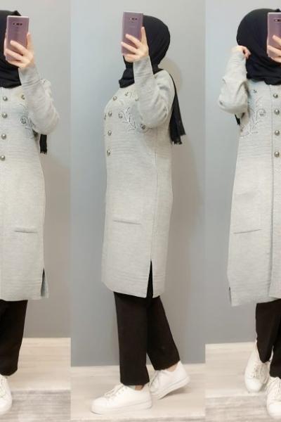 İşlemeli Model Hırkam  Açık Gri