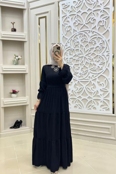 Kat Kat Fitilli Elbise Siyah