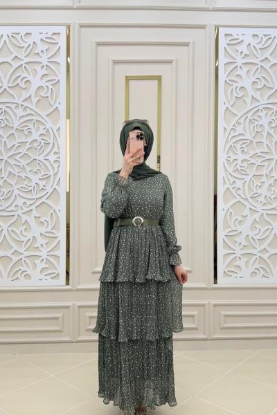 Kat kat Tesettür Elbise  Mint Yeşili