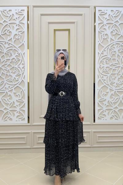 Kat kat Tesettür Elbise  Siyah