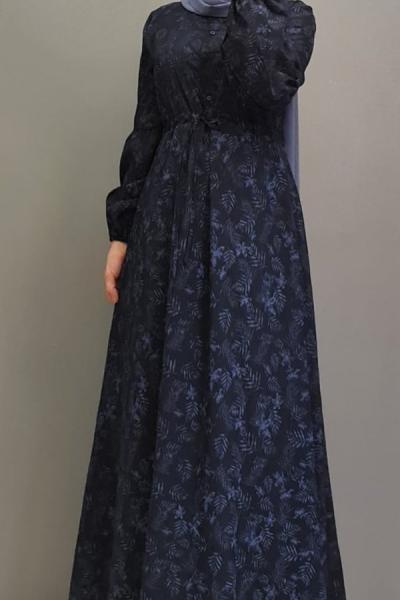 Keten Krep Elbise Lacivert