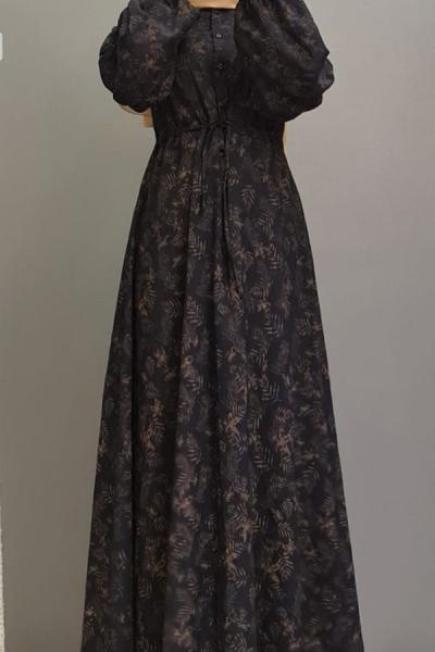 Keten Krep Elbise Lacivert Kahve