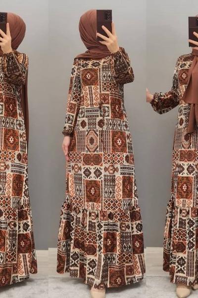 Kilim Desen Kadife  Elbisem Kiremit