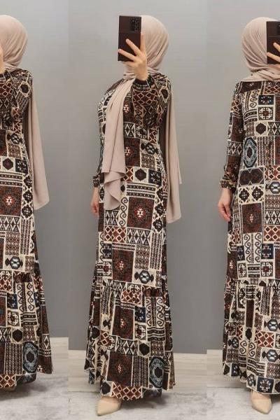 Kilim Desen Kadife  Elbisem Taş Rengi