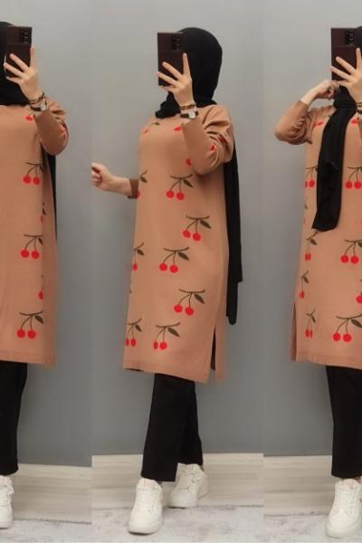 Kiraz Model Triko Tuniğim Pudra