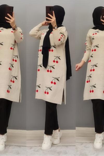 Kiraz Model Triko Tuniğim Krem