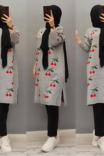 Kiraz Model Triko Tuniğim Gri