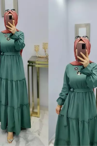 Kol Ve Bel Büzgülü Spor Elbisem Zümrüt