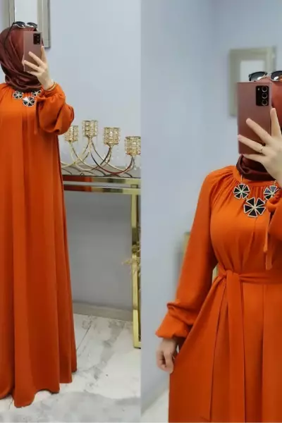 Kolları Kuşak Detaylı Ayrobin Elbisem Turuncu