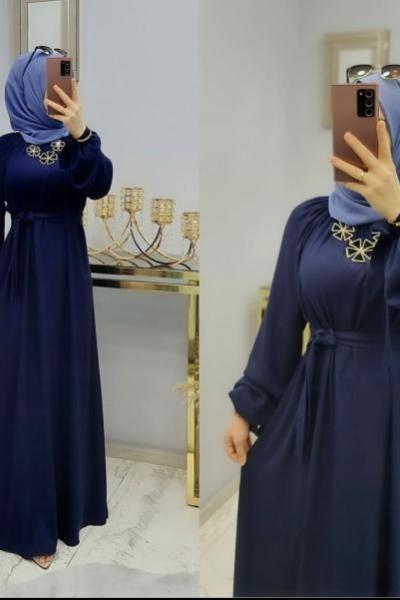 Kolları Kuşak Detaylı Ayrobin Elbisem Lacivert