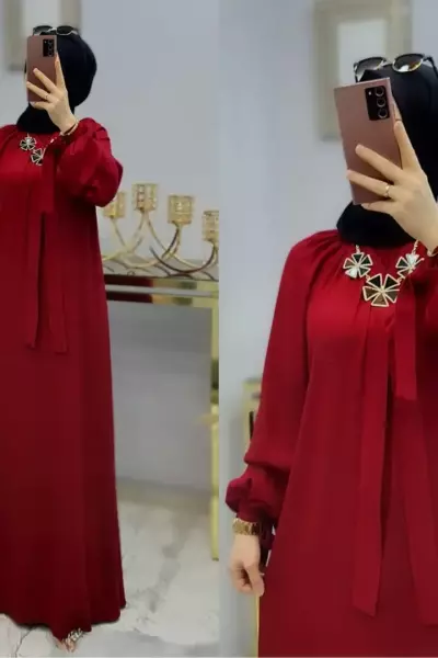 Kolları Kuşak Detaylı Ayrobin Elbisem Bordo