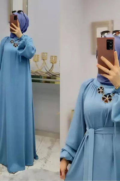 Kolları Kuşak Detaylı Ayrobin Elbisem Bebe Mavisi