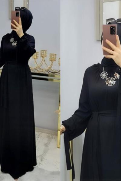 Kolları Kuşak Detaylı Ayrobin Elbisem Siyah