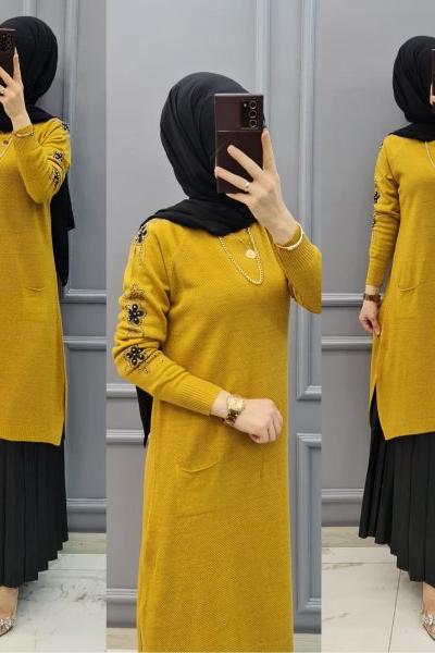 Kolları Taşlı Tuniğim Sarı