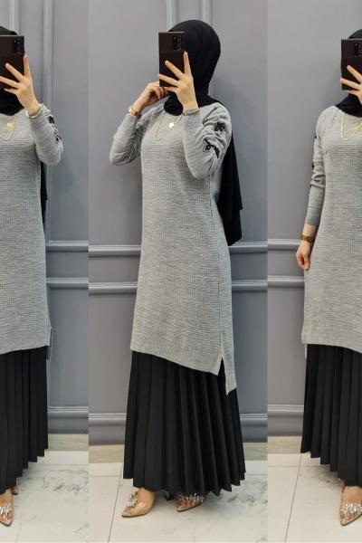 Kolları Taşlı Tuniğim Gri