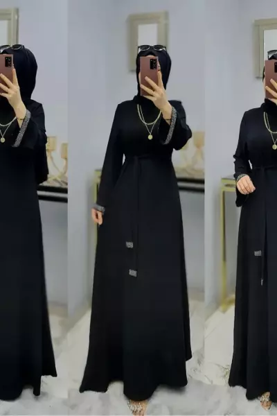 Kolları Taşlı Zarif Elbisem  Siyah