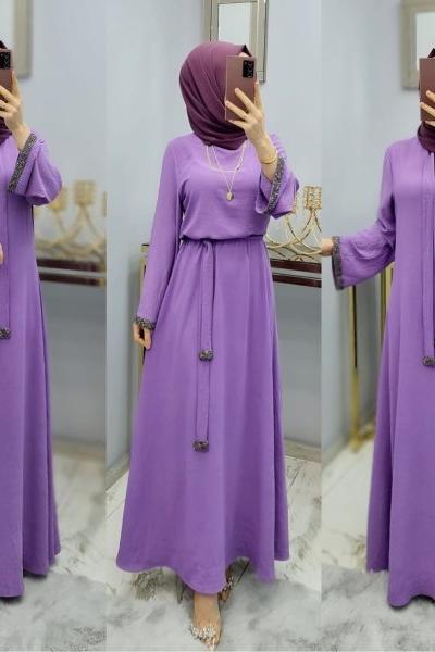 Kolları Taşlı Zarif Elbisem  Lila