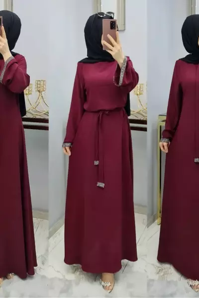 Kolları Taşlı Zarif Elbisem  Bordo