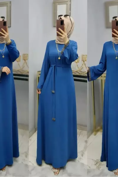 Kolları Taşlı Zarif Elbisem  Mavi