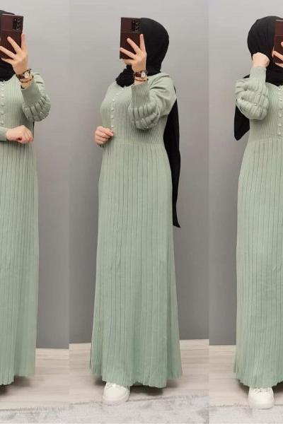 Kolu İncili Triko Elbisem  Fıstık Yeşili